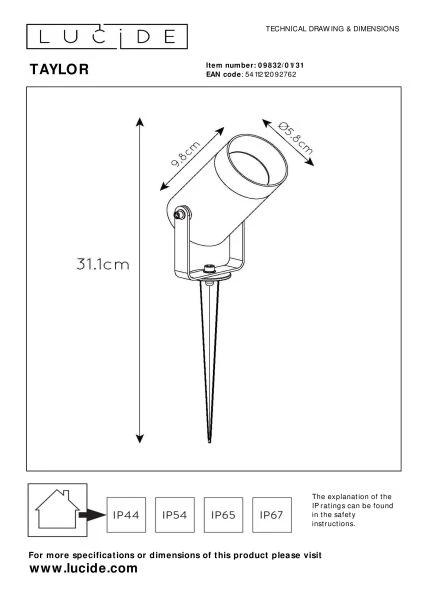 Lucide TAYLOR - Spot de jardin - Ø 10 cm - 1xGU10 - IP65 - Blanc - technique